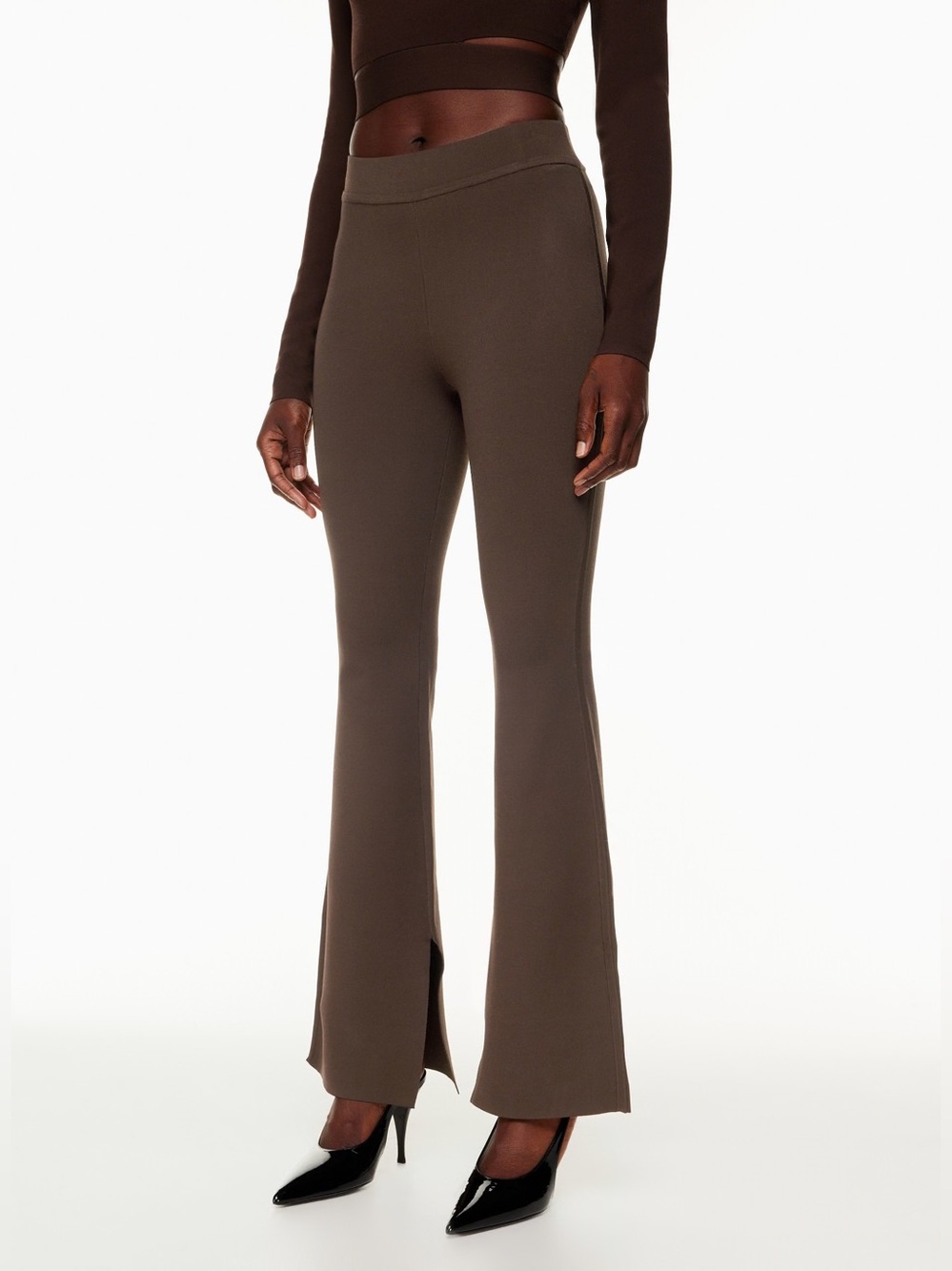 Aritzia Paramount Pant High Rise Flare Leg Knit Pants Split Hem Stretch Brown